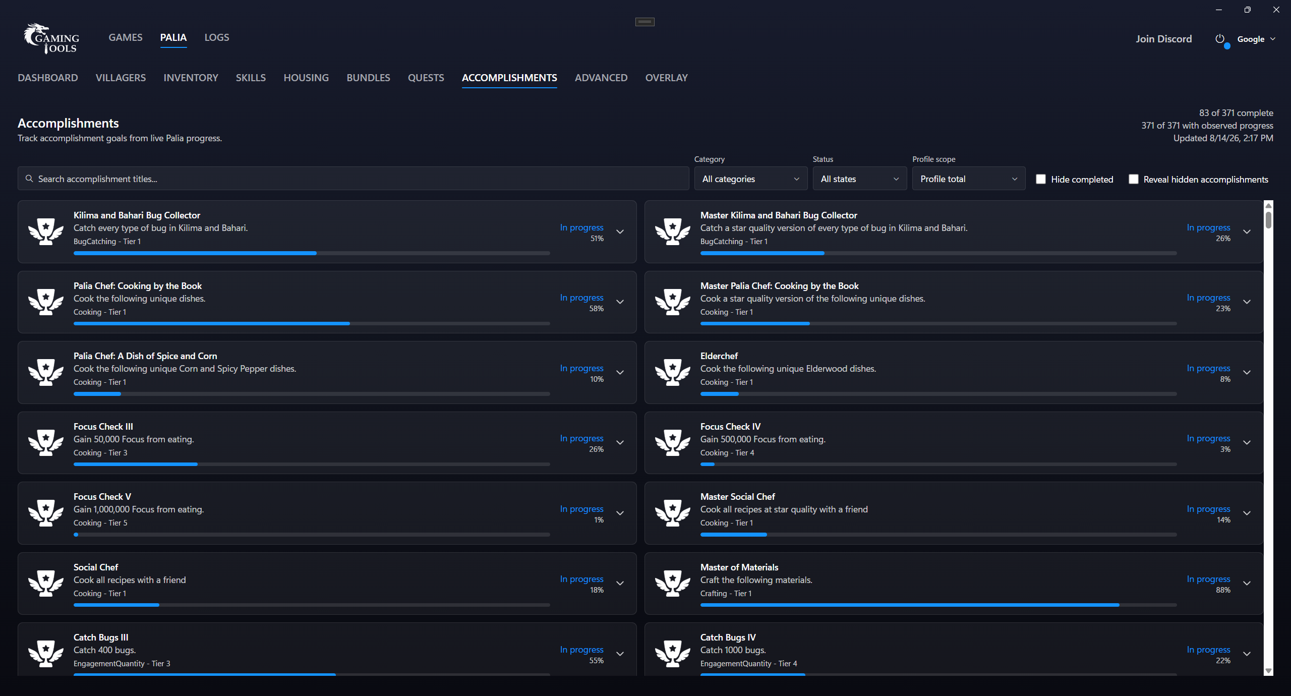 Palia accomplishments with category filters and live progress