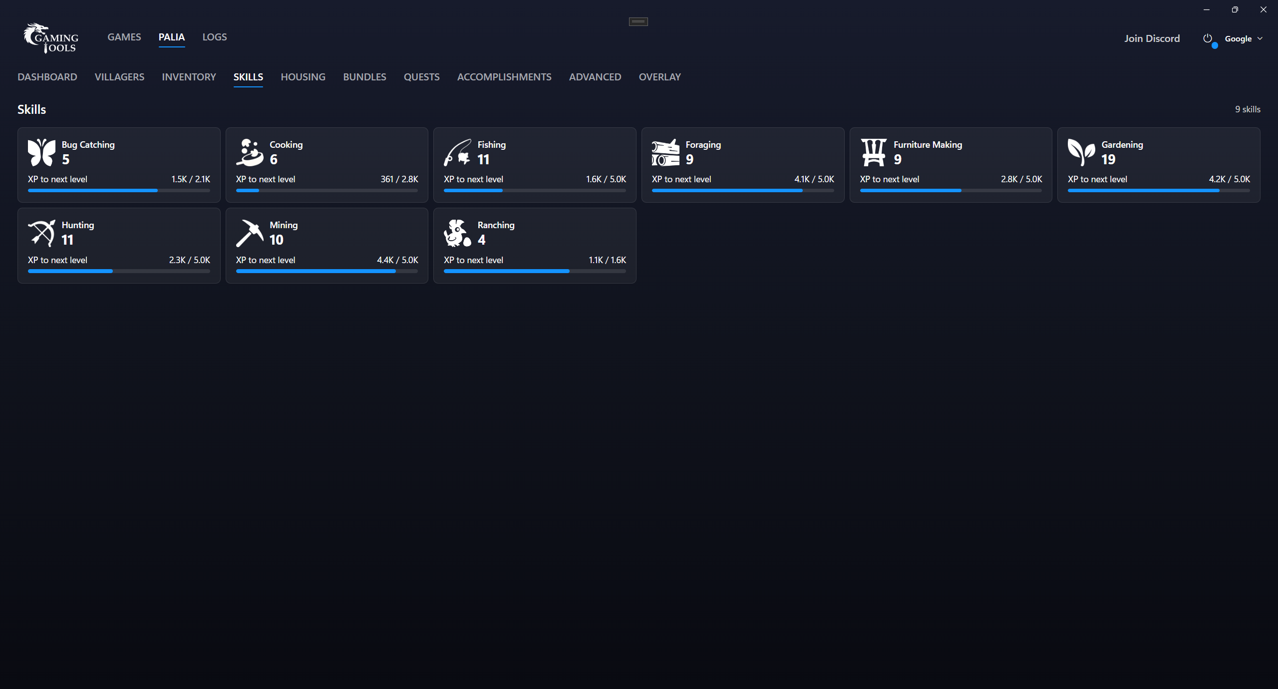 Palia skill levels and experience toward the next level