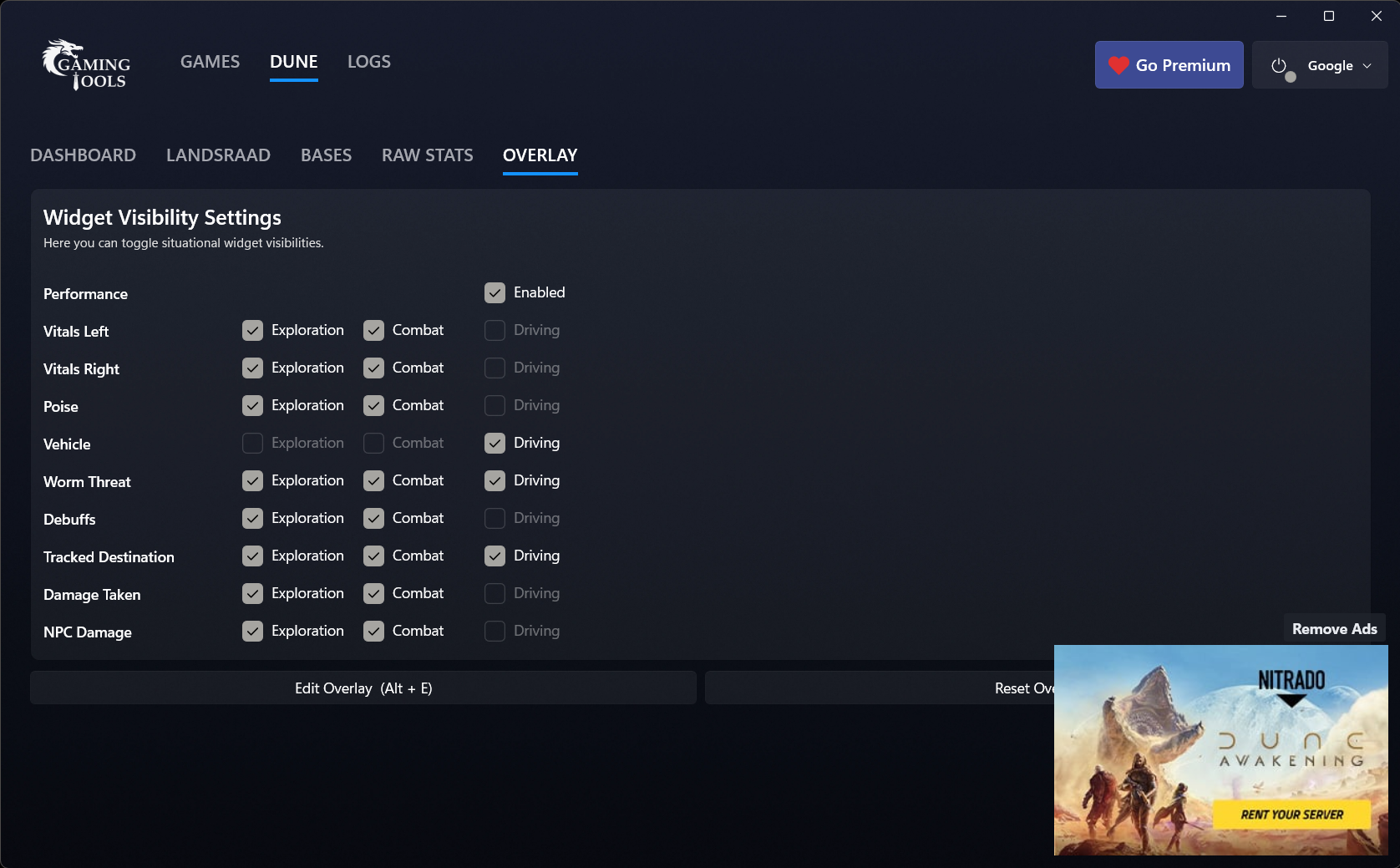 Choose which widgets show while exploring, fighting, or driving