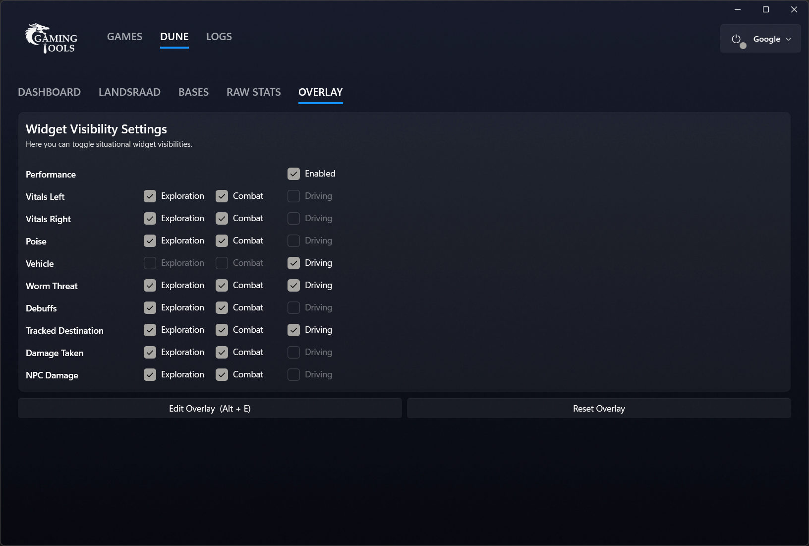 Choose which widgets show while exploring, fighting, or driving