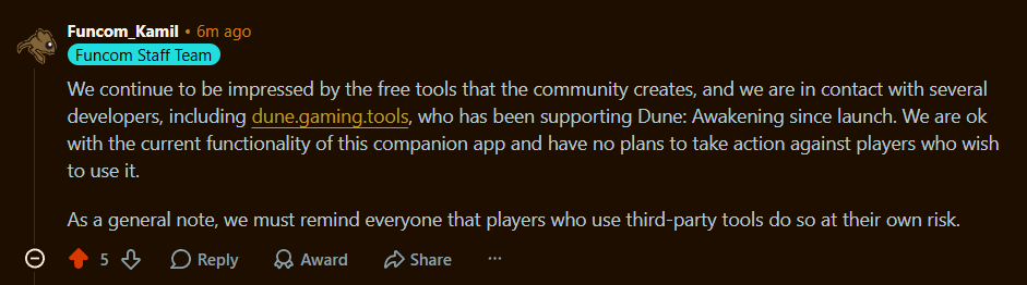 Funcom's reply approving the gaming.tools companion app