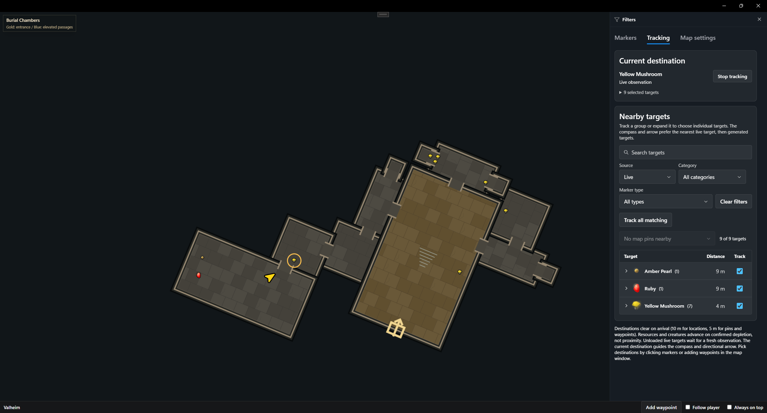 Burial Chambers dungeon map with your position, room layout, and nearby treasure and mushroom tracking