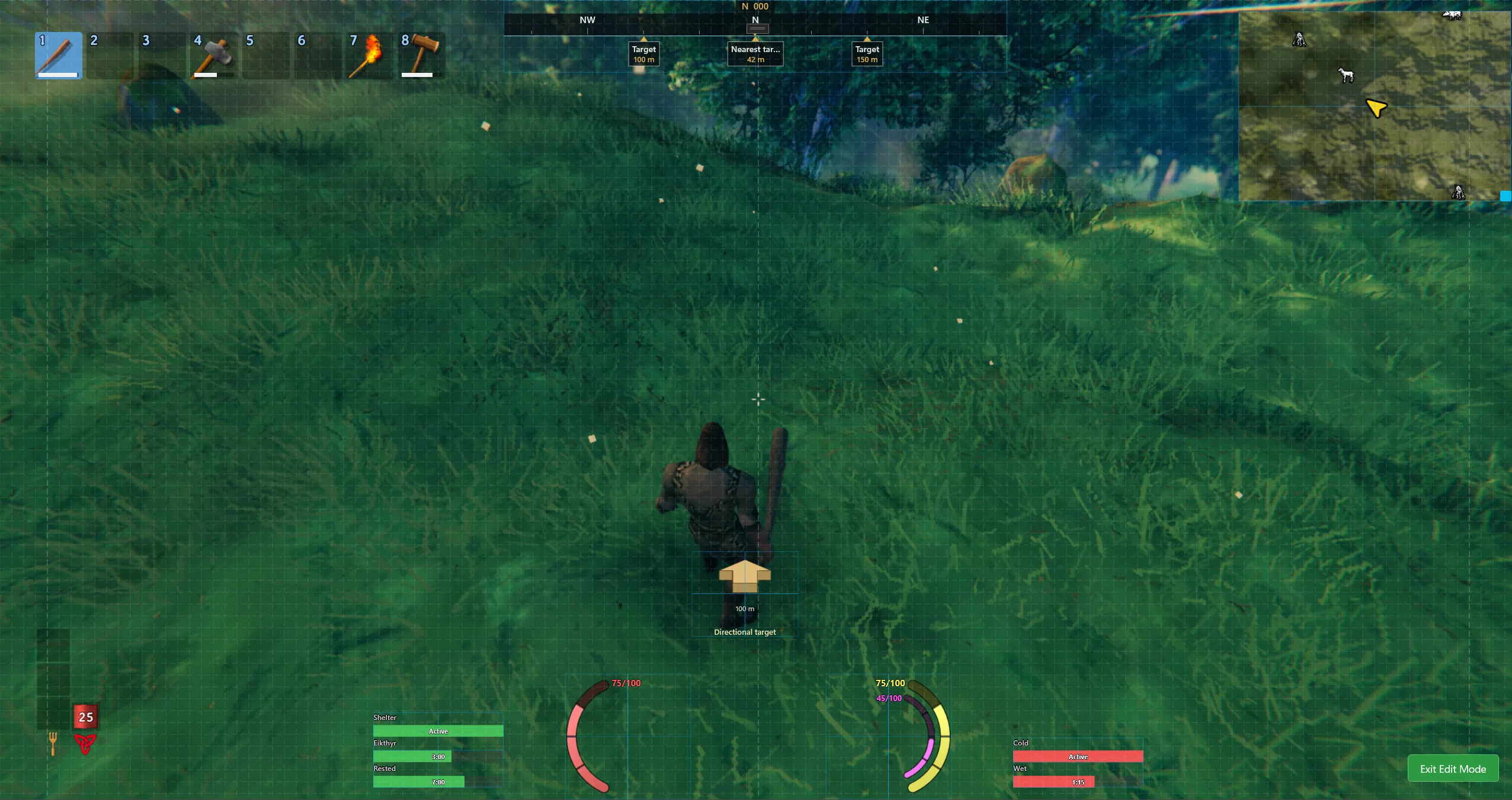 Valheim overlay layout editor showing the minimap, compass, target arrow, vitals, buffs, and debuffs