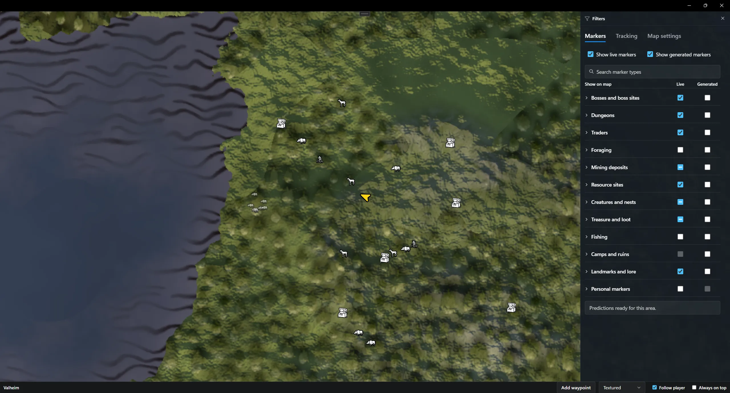 Valheim live map with nearby creatures, resources, chests, and separate live and generated marker filters
