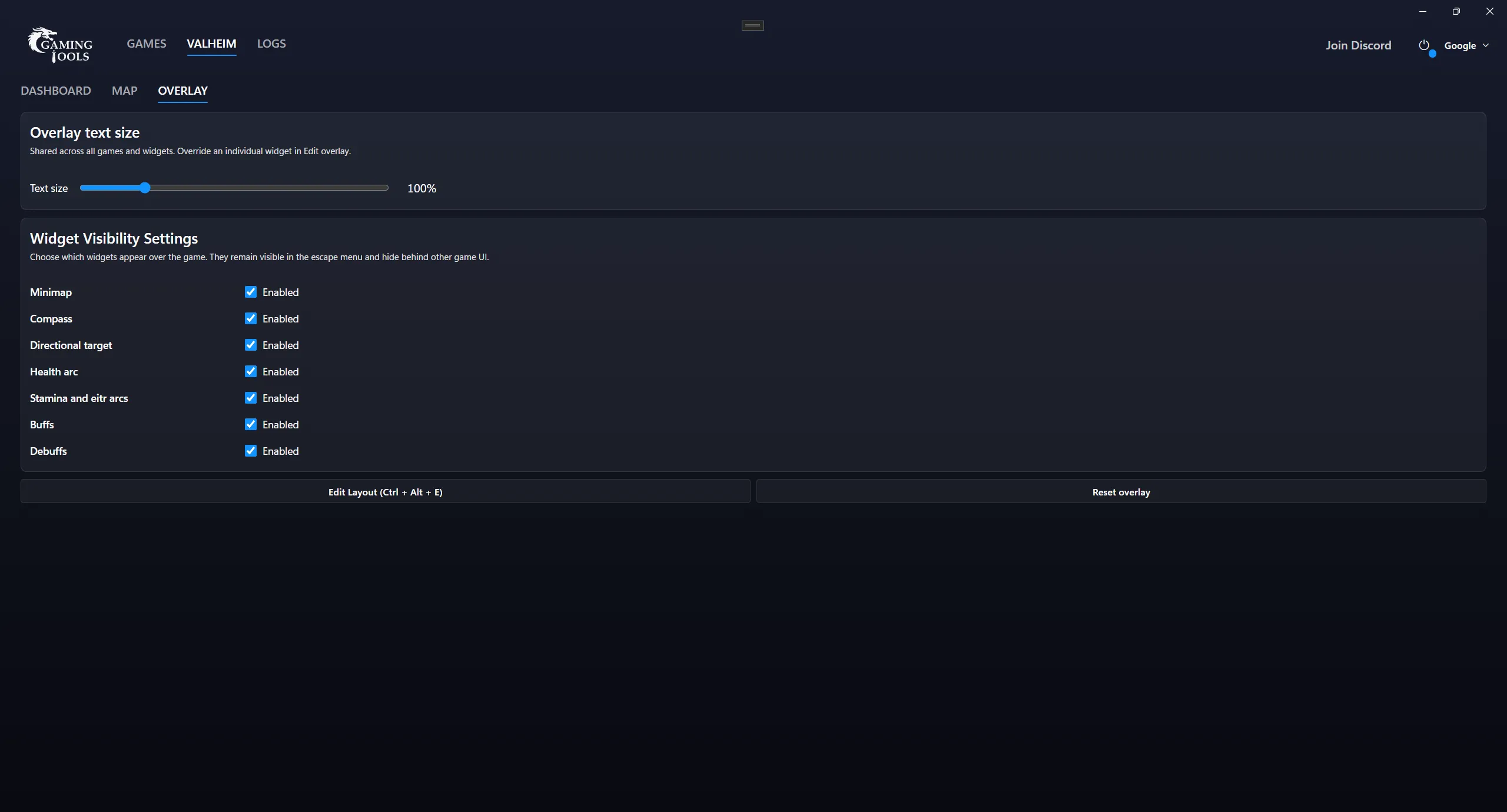 Overlay settings with text size and individual widget visibility controls