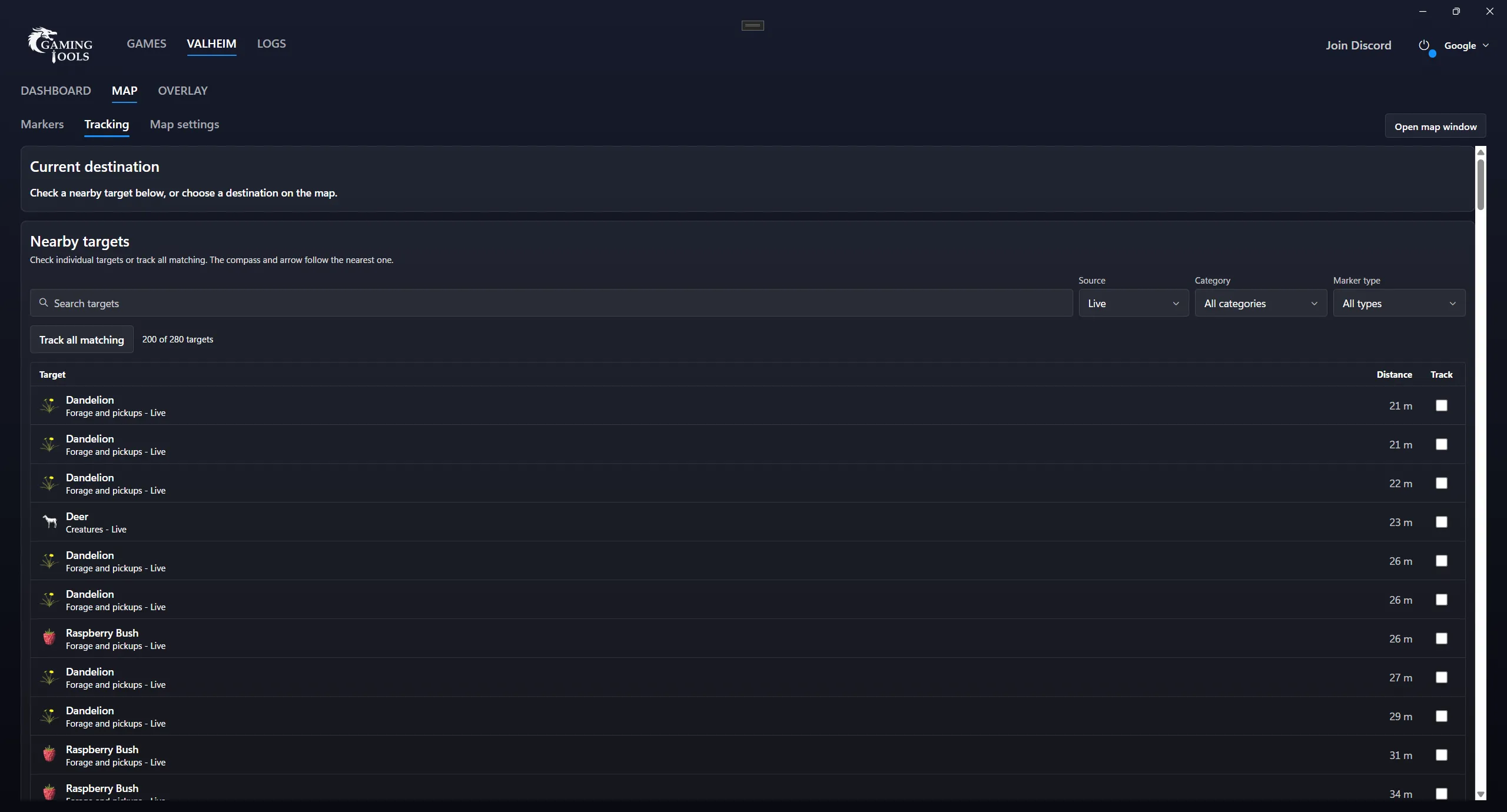 Nearby targets with distances, search, source filters, and individual or matching-target tracking