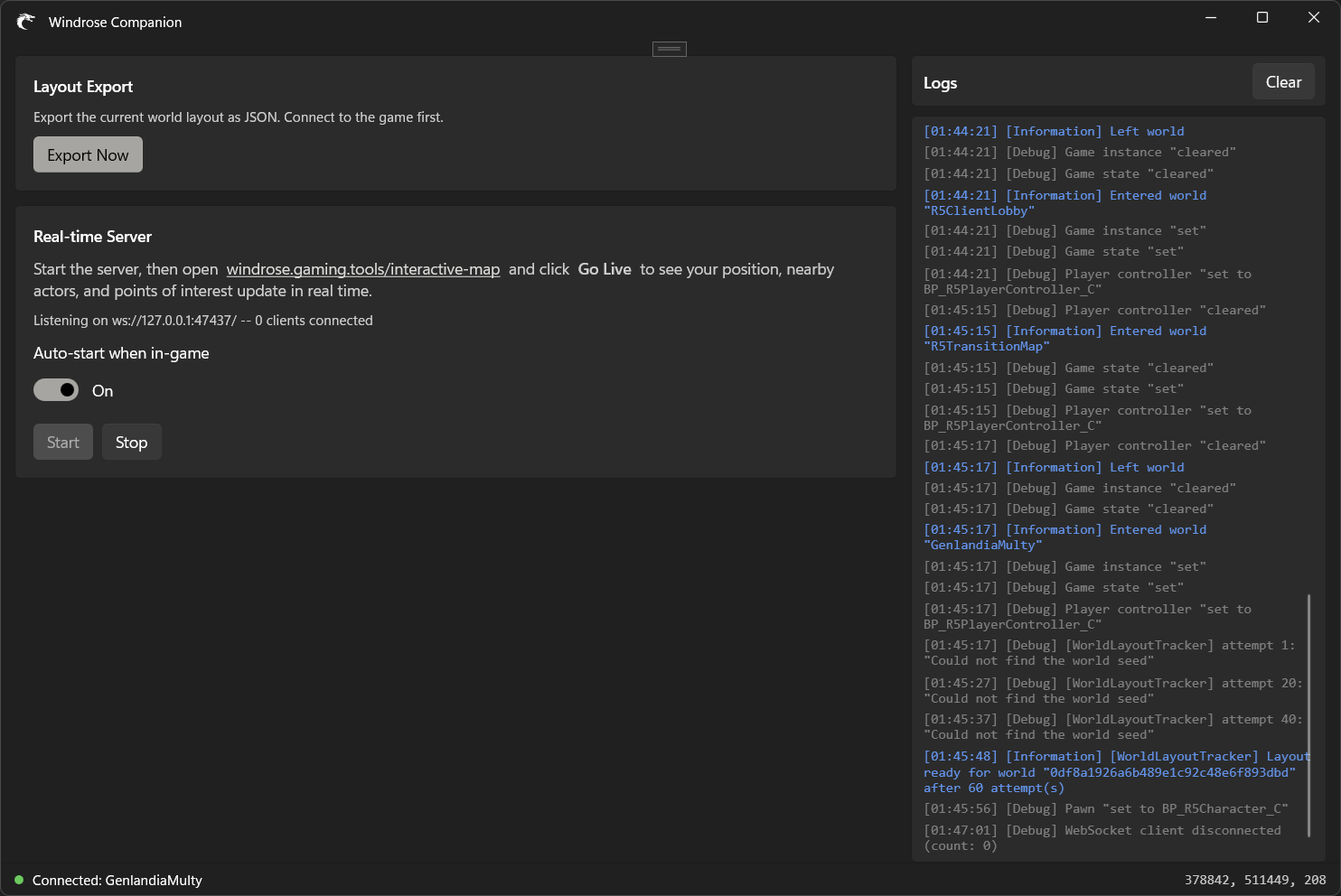 Screenshot of the Windrose Companion desktop app showing its status and real-time server controls