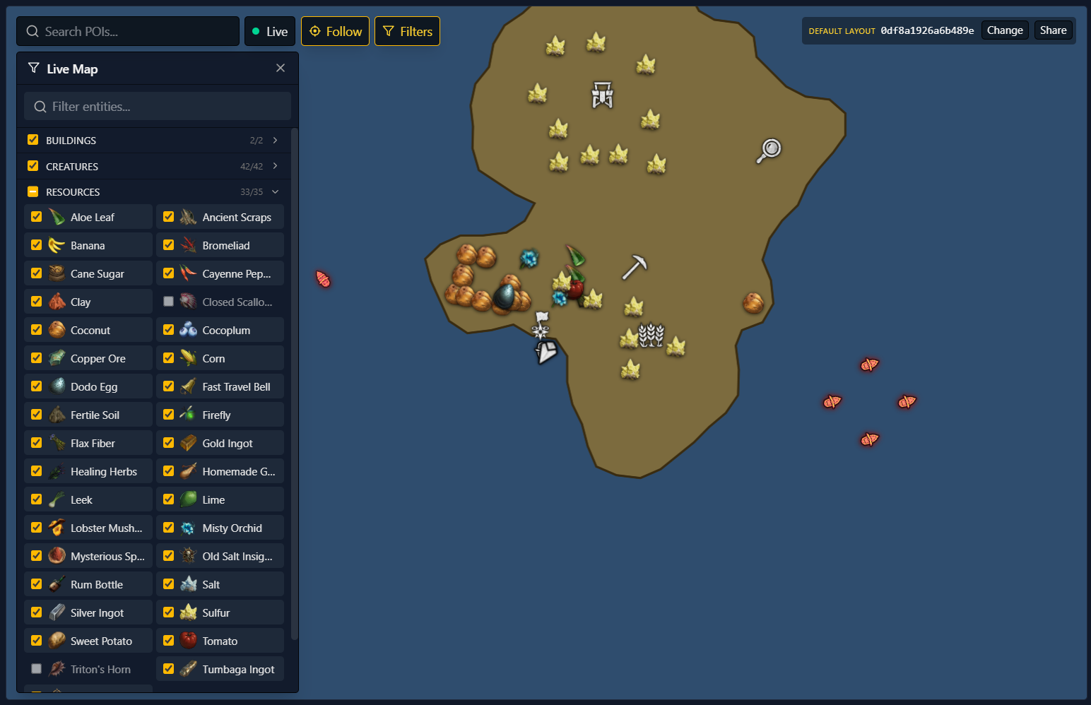 Screenshot of the Windrose interactive map in live mode, showing the player marker and nearby actors overlaid on the archipelago